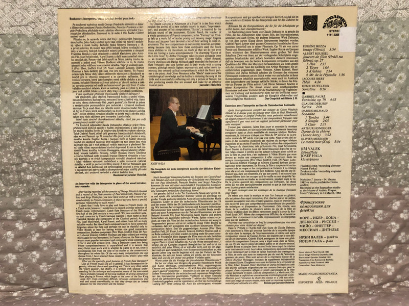 Skladby Pro Flétnu = French Flute Works - Jiří Válek (flute), Josef Hála (piano) / Fauré, Ibert, Bozza, Debussy, Roussel, Milhaud, Honegger, Messiaen, Dutilleux / Supraphon LP Stereo 1983 / 1111 3365 G
