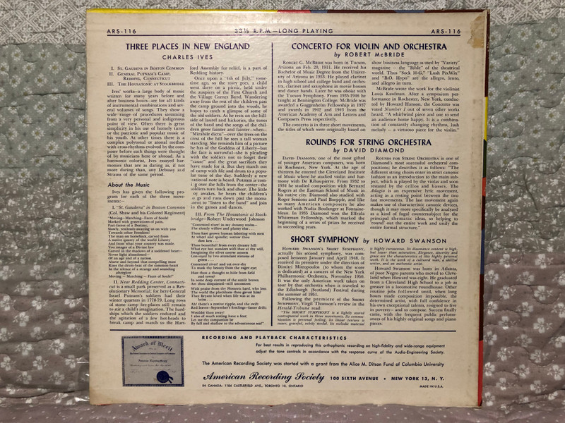 Charles Ives - Three Places In New England (Boston, Redding, Housatonic at Stockbridge); Robert McBridge - Concerto For Violin And Orchestra, Rounds for String Orchestra; Howard Swanson / American Recording Society LP / ARS 116