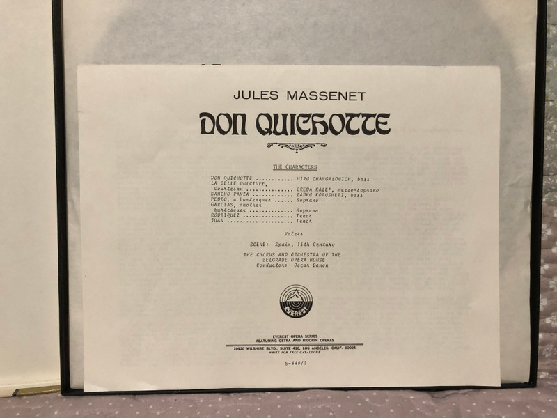 Jules Massenet: Don Quichotte (Don Quixote) - Miro Changalovich, Breda Kalef, Ladko Koroshetz, The Chorus and Orchestra Of The Belgrade Opera House, Conducted by Oscar Danon / Everest 2x LP Stereo, Box Set / S-440/2