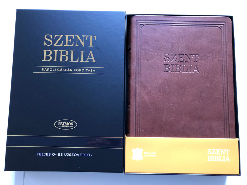 Szent Biblia / Hungarian Holy Bible with words of Jesus in RED / Genuine Leather bound Brown Cover, Goltmos Reden edges, 2 bookmark ribbons, Thumb Indexed / Bőrkötés, Barna színű / Jézus szavai piros kiemeléssel / Pacords 2020 9786155526619