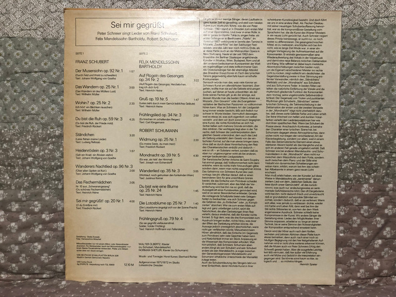 Sei Mir Gegrüßt - Peter Schreier Singt Lieder Von Schubert, Mendelssohn, Schumann / ETERNA LP Stereo 1976 / 8 26 937
