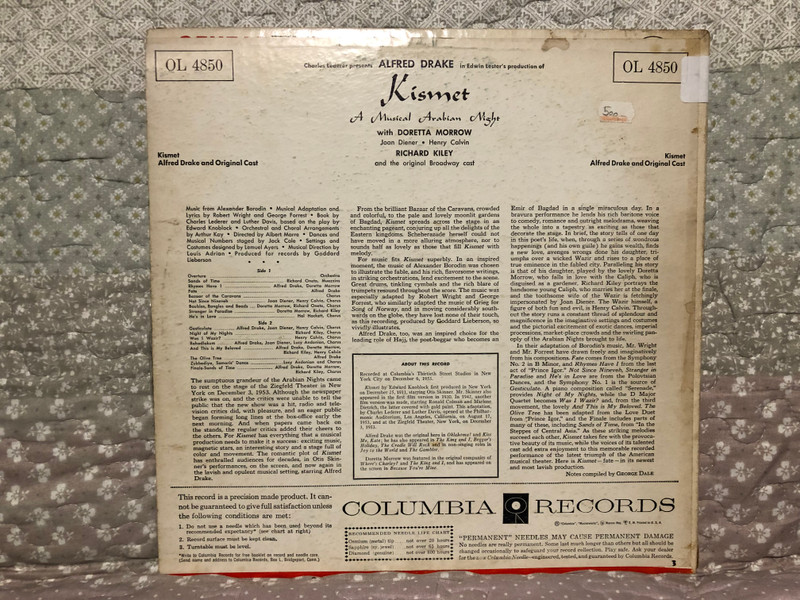Kismet - A Musical Arabian Night with Alfred Drake, Doretta Morrow, Joan Diener, Henry Calvin And Richard Kiley In Edwin Lester's Production With Music From Alexander Borodin / Columbia Masterworks LP / OL 4850