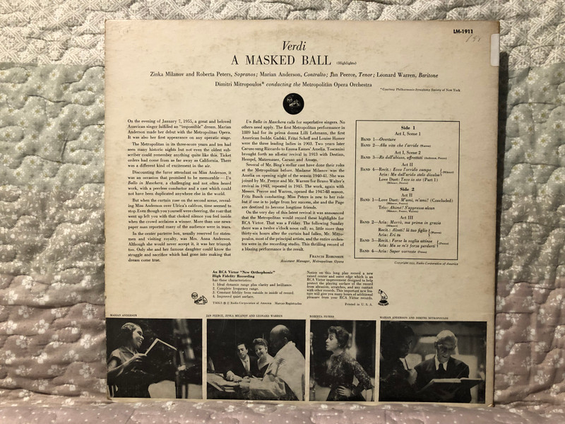 A Metropolitan Opera Recording - Highlights from Verdi's A Masked Ball / Anderson, Milanov, Peerce, Peters, Warren, Mitropoulos / RCA Victor Red Seal LP / LM-1911