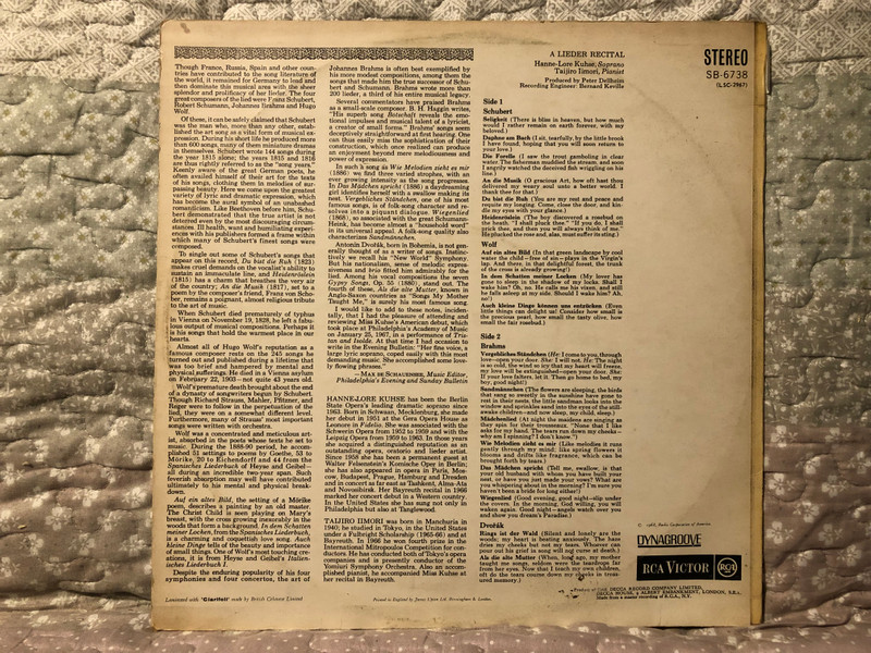 Hanne-Lore Kuhse (soprano) - A Lieder Recital (Schubert, Wolf, Brahms, Dvorak) - Taijiro Iimori (pianist) / RCA Red seal / RCA Victor LP Stereo 1968 / SB-6738