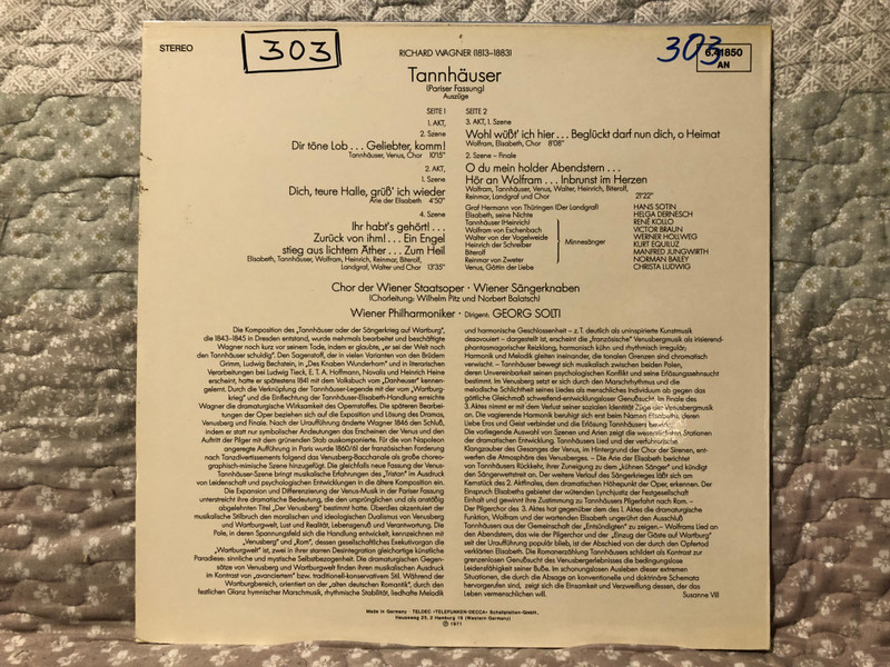 Richard Wagner: Tannhäuser (Pariser Fassung) / René Kollo, Helga Dernesch, Christa Ludwig, Victor Braun, Hans Sotin, Wiener Philharmoniker / Oper Der Welt / Decca 1971 Stereo / 6.41850 AN