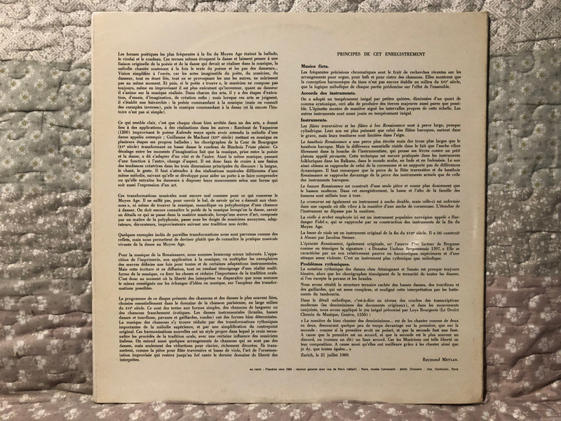 La Chanson & La Danse - Paris Vers 1540 / Solistes De L'Ensemble Vocal De Lausanne; Dir. Michel Corboz; Ensmeble Ricercare De Zurich; Dir. Michel Piguet / Erato LP Stereo / STU 70491