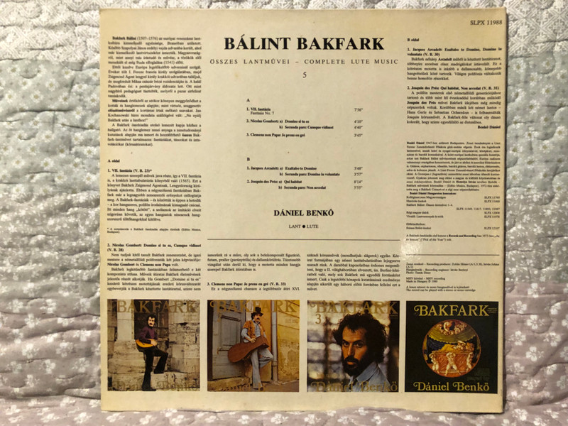 Bakfark 5 - Lute Music Played By Dániel Benkő / Hungaroton LP 1980 Stereo / SLPX 11988