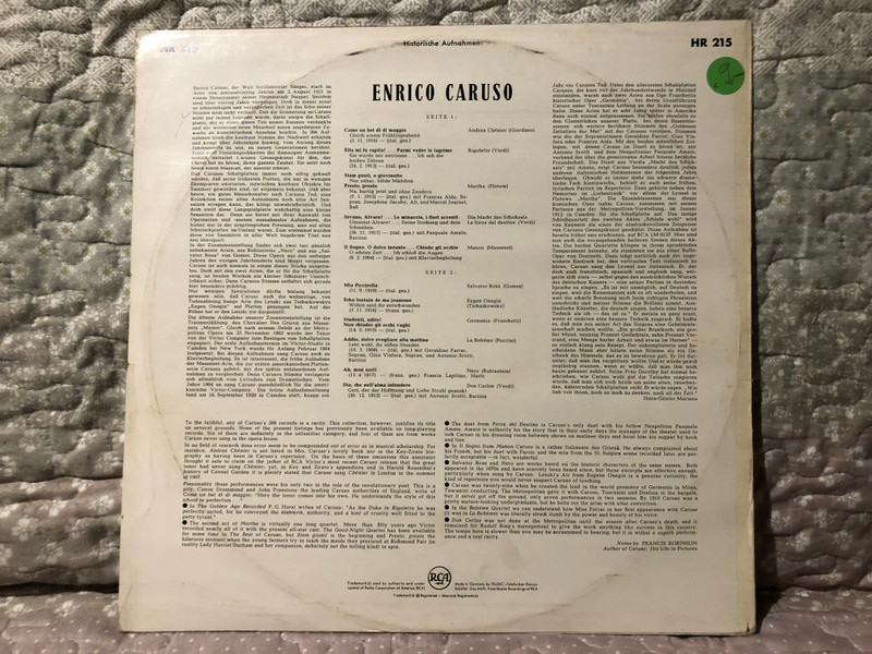 Caruso: Operatic Rarities - with Alda, Amato, Ferrar, Jacobby, Journet, Scotti / RCA Victor Red Seal LP / HR 215