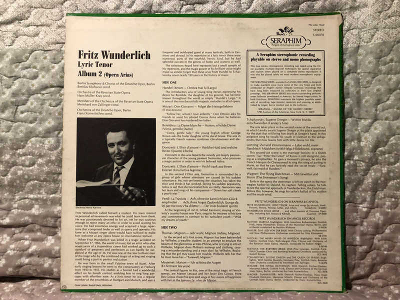 Fritz Wunderlich – Lyric Tenor, Album 2: Opera Arias / Don Giovanni; Xerxes; The Flying Dutchman; La Traviata; L'Elisir D'Amore; Zar Und Zimmermann; Eugene Onegin; Manon; Migon; La Dame blanche / Seraphim LP Stereo / S-60078