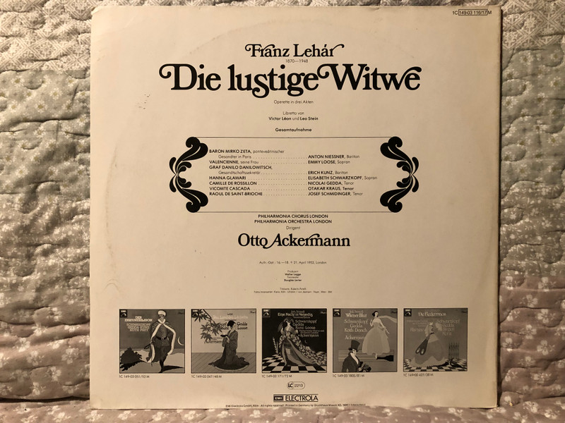 Lehár: Die Lustige Witwe (Gesamtaufnahme) - Schwarzkopf, Gedda, Kunz, Loose / Philharmonia Chorus And Orchestra, London; Ackermann / Dacapo 2x LP / 1C 149-03 116/17 M