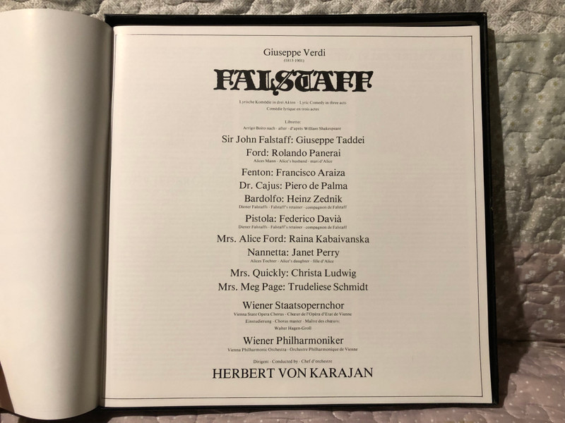 Giuseppe Verdi: Falstaff - Giuseppe Taddei, Rolando Panerai, Francisco Araiza, Raina Kabaivanska, Janet Perry, Christa Ludwig, Trudeliese Schmidt, Wiener Staatsopernchor / Philips 3x LP, Box Set / 6769 060