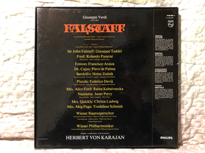 Giuseppe Verdi: Falstaff - Giuseppe Taddei, Rolando Panerai, Francisco Araiza, Raina Kabaivanska, Janet Perry, Christa Ludwig, Trudeliese Schmidt, Wiener Staatsopernchor / Philips 3x LP, Box Set / 6769 060