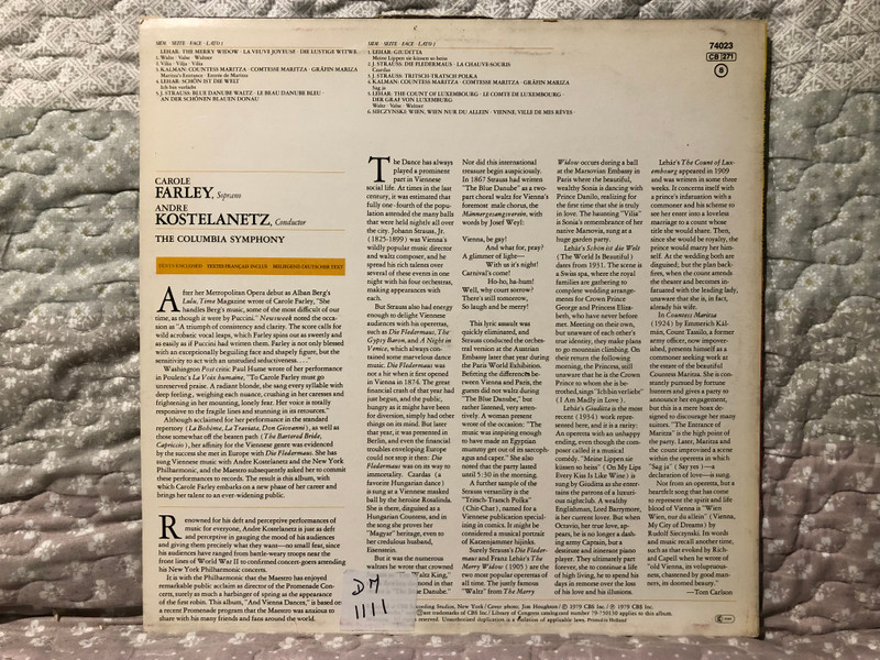 Carole Farley – Lehar, Kalman, Strauss, Sieczinski / Andre Kostelanetz, The Columbia Symphony / CBS Masterworks LP 1979 / 74023