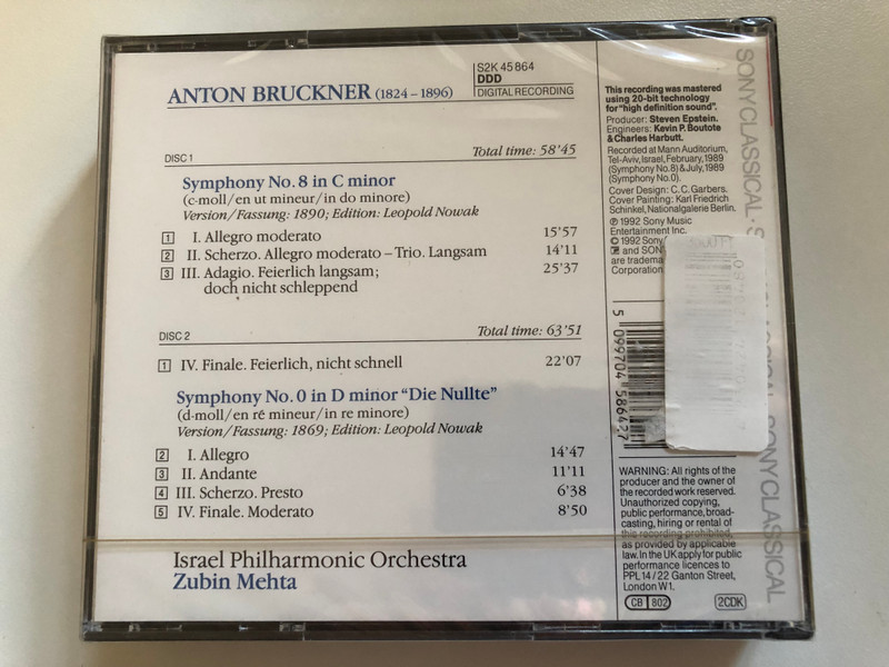 Bruckner: Symphonies Nos. 8 & 0 - Israel Philharmonic Orchestra, Zubin Mehta / Sony Classical 2x Audio CD 1992 / S2K 45 864 
