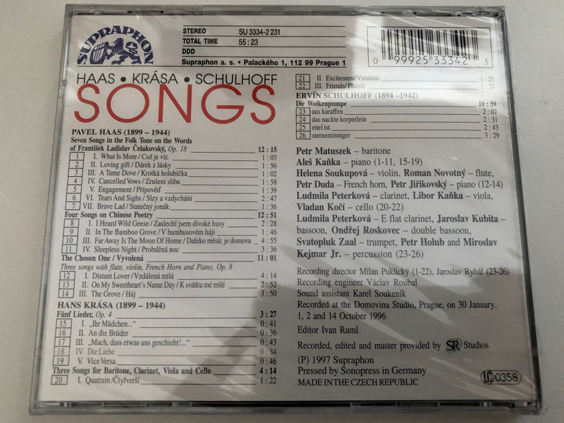 Hans Krása Schulhoff: Songs - Petr Matuszek (baritone) / Supraphon Audio CD 1997 Stereo / SU 3334-2