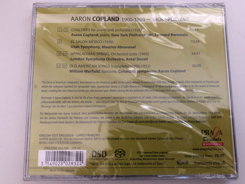 Aaron Copland – Piano Concerto (Aaron Copland at the keyboard); El Salón México; Appalachian Spring; Old American Songs / William Warfield, baritone, Aaron Copland, conducting / Praga Digitals Hybrid Disc / PRD/DSD 350 086