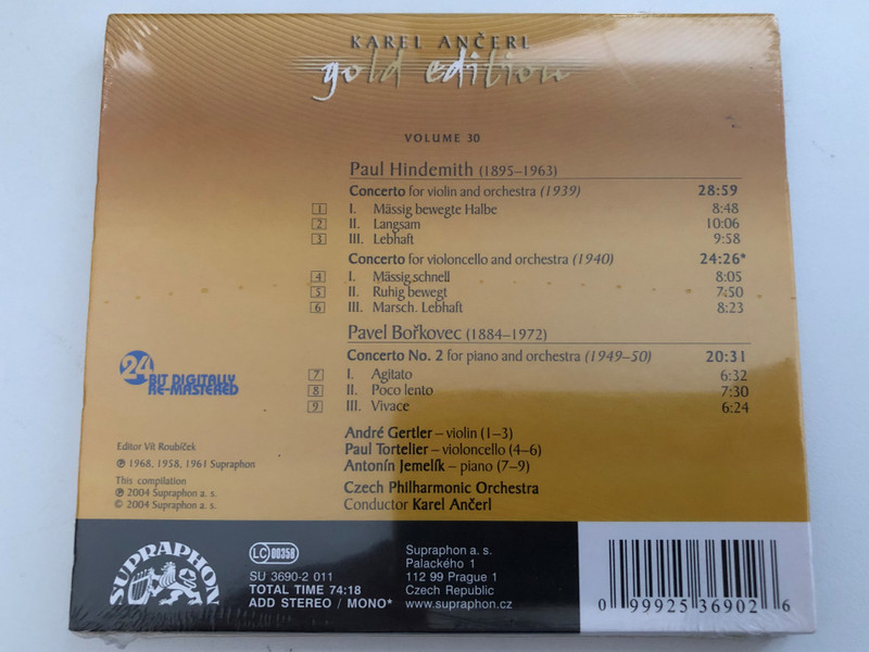 Karel Ančerl, André Gertler, Paul Tortelier, Antonín Jemelík, Czech Philharmonic Orchestra - Paul Hindemith: Violin & Cello Concertos, Pavel Bořkovec: Piano Concerto / Supraphon Audio CD 2004, stereo, mono / SU 3690-2 011