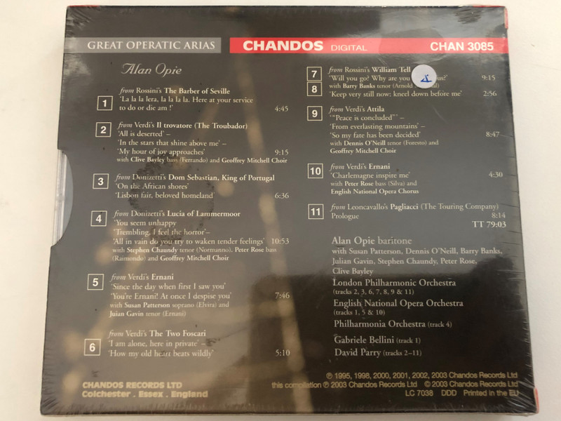 Alan Opie – Sings Bel Canto Arias / Opera In English, Peter Moores Foundation, Great Operatic AriasOpera In English; Peter Moores Foundation; Great Operatic Arias / Chandos Audio CD 2003 / CHAN 3085
