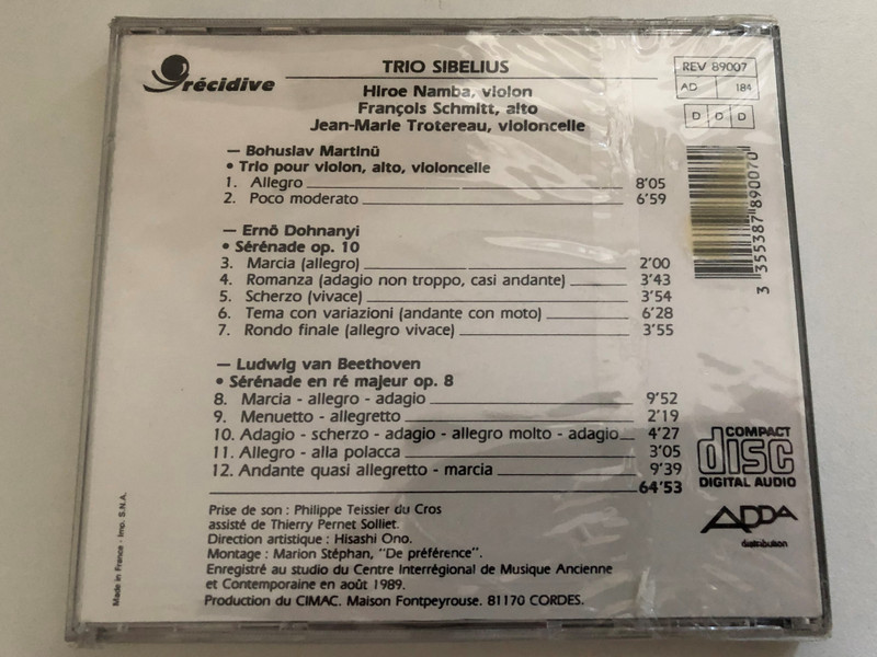 Trio Sibelius: Bohuslav Martinu, Erno Dohnanyi, Ludwig van Beethoven / Hiroe Namba (violon), Francois Schmitt (alto), Jean-Marie Trotereau (violoncelle) / recidive Audio CD / REV 89007