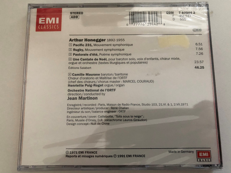Honegger - Pacific 231; Rugby; Pastorale D'Été; Une Cantate De Noël - Camille Maurane, Choeurs et Orchestre National de l'O.R.T.F., Jean Martinon / L'Esprit Français / EMI Classics Audio CD 1991 Stereo / CDM 7 63944 2