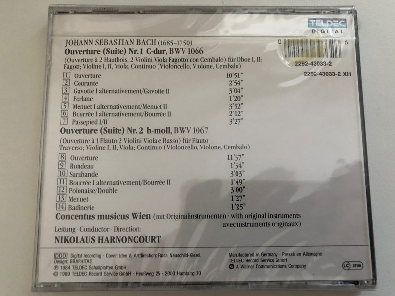 Harnoncourt Edition - Johann Sebastian Bach: Ouvertüren Nr. 1 & 2 - Concentus Musicus Wien / Das Alte Werk / TELDEC Audio CD 1989 / 2292-43033-2