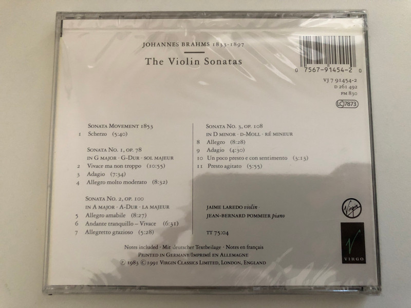 Brahms: The Violin Sonatas - Jaime Laredo, Jean-Bernard Pommier / Virgo Audio CD 1991 / VJ 7 91454-2