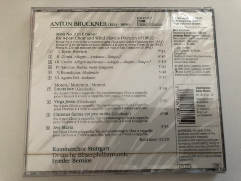 Bruckner - Mass In E Minor; Ave Maria; Christus Factus Est; Locus Iste; Virga Jesse - Kammerchor Stuttgart, Deutsche Bläserphilharmonie, Frieder Bernius / Sony Classical Audio CD / SK 48 037