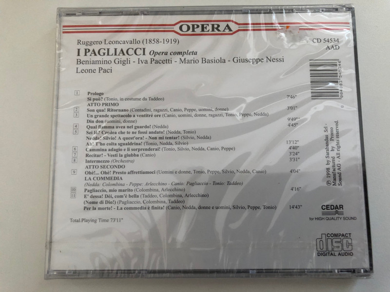 Leoncavallo: I Pagliacci (Opera Completa) - Beniamino Gigli, Iva Pacetti, Mario Basiola, Giuseppe Nessi, Leone Paci / Opera Audio CD 1998 / CD 54534