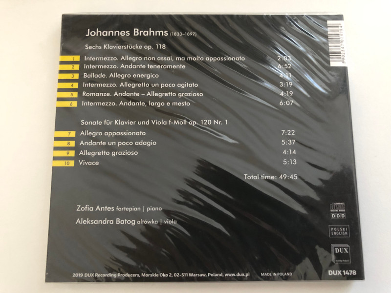 Brahms: Sechs Klavierstucke op. 118; Sonate fur Klavier und Viola f-Moll op. 120 Nr. 1 - Zofia Antes (piano), Aleksandra Batog (viola) / DUX Recording Audio CD 2019 / DUX 1478