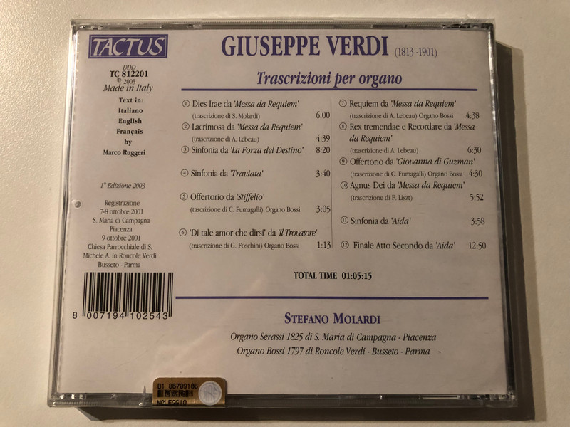 Giuseppe Verdi: Trascrizioni Per Organo - Stefano Molardi / Tactus Audio CD 2003 / TC 812201