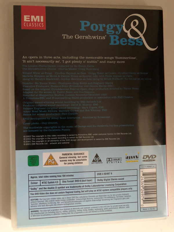 The Gershwin's Porgy & Bess - by George Gershwin, DuBose and Dorothy Heyward and Ira Gershwin / Directed by Trevor Nunn / EMI Classics DVD Video CD 2001 / 724349249790