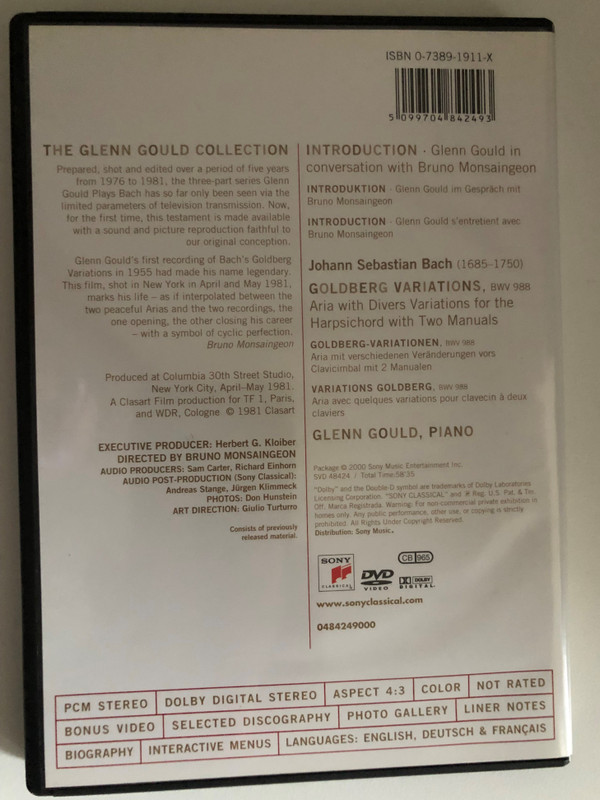 The Goldberg Variations - From Glenn Gould playd Bach, A Film by Bruno Monsaingeon / Sony Classical DVD Video CD 2000 / SVD 48424