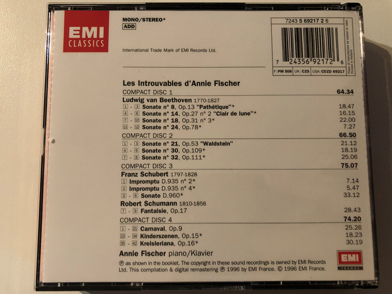 Annie Fischer – Les Introuvables De / EMI 4x Audio CD 1996 Mono, Stereo / 724356921726