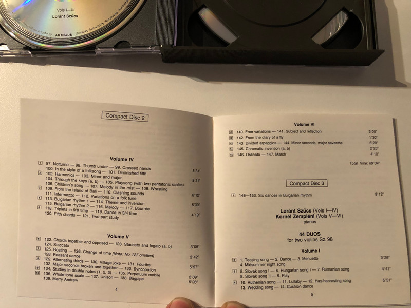 Bartók Bela - Mikrokosmos; 44 Duos For Two Violins - Loránt Szűcs, Kornél Zempléni (pianos), Wanda Wilkomirska, Mihály Szűcs (violins) / Hungaroton Classic 3x Audio CD, Box Set 1989 Stereo / HCD 31154-56