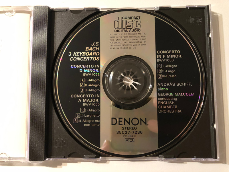J.S. Bach: Three Keyboard Concertos In D Minor, BWV1052, In A Major, BWV1055, In F Minor, BWV1056 - András Schiff (piano), George Malcolm Conducting English Chamber Orchestra / Denon Audio CD Stereo / C37-7236-EX