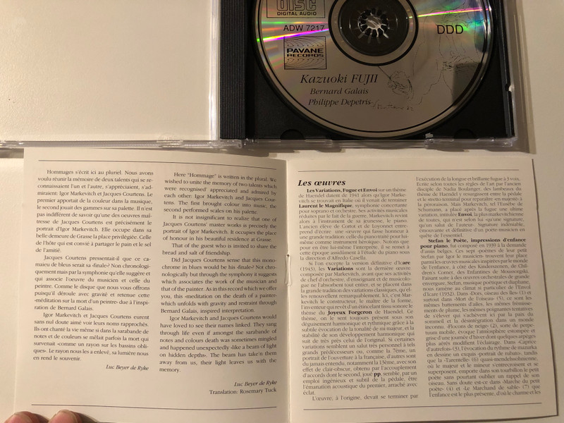 Igor Markevitch: Piano Works - Kazuoki Fujii (piano) / ''Hommage a Jacques Courtens'' de et par Bernard Galais (harpe), Philippe Depetris (flute) / Pavane Records Audio CD 1990 / ADW 7217 