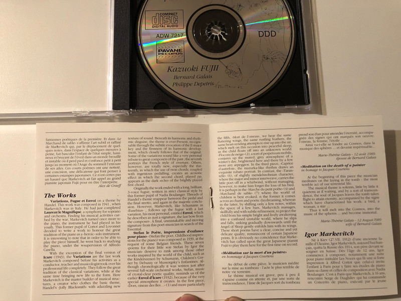 Igor Markevitch: Piano Works - Kazuoki Fujii (piano) / ''Hommage a Jacques Courtens'' de et par Bernard Galais (harpe), Philippe Depetris (flute) / Pavane Records Audio CD 1990 / ADW 7217 
