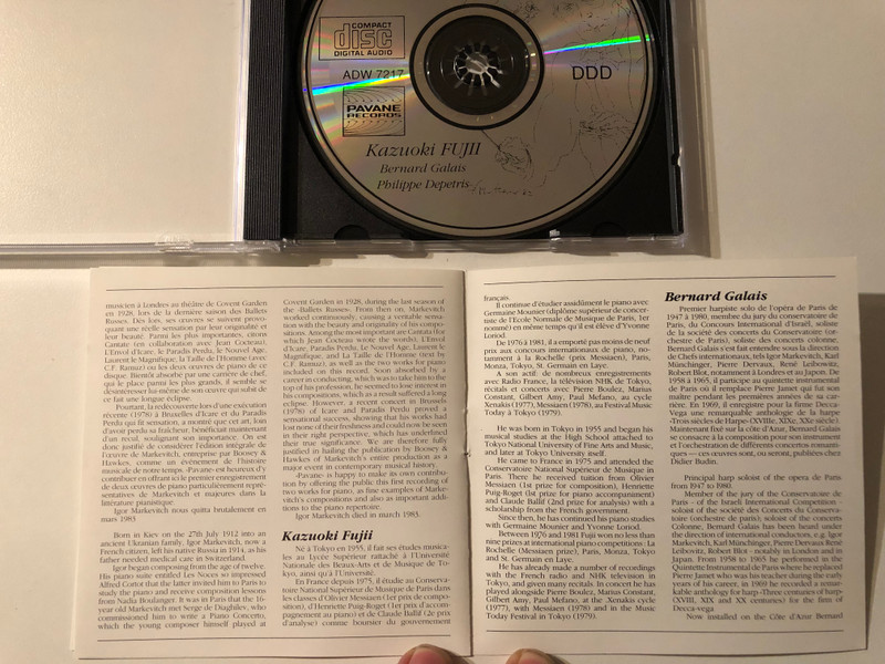 Igor Markevitch: Piano Works - Kazuoki Fujii (piano) / ''Hommage a Jacques Courtens'' de et par Bernard Galais (harpe), Philippe Depetris (flute) / Pavane Records Audio CD 1990 / ADW 7217 