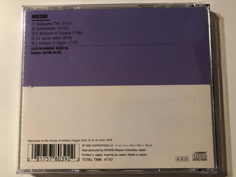 Rossini: Overtures - Guillaume Tell, Semiramide, Il Barbiere di Siviglia, La gazza ladra, L'Italiana in Algeri - Czech Philharmonic Orchestra, Gaetano Delogu / Supraphon Audio CD 1980 Stereo / DC-8039 (081757803922)