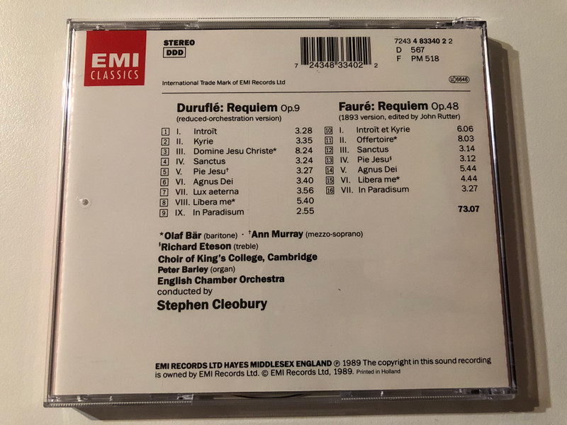 Faure, Durufle - Choir of King's College, Cambridge, Olaf Bar, Ann Murray, Richard Eteson (treble), Peter Barley (organ), English Chamber Orchestra, Stephen Cleobury / EMI Classics Audio CD 1989 Stereo / 724348334022