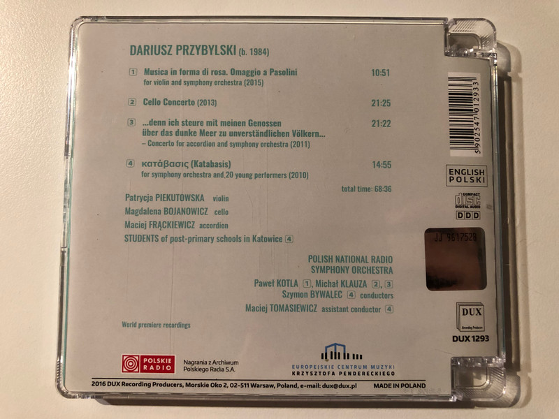 Daiusz Przybylski - Musica In Forma Di Rosa / Polish National Radio Symphony Orchestra, Bojanovicz, Frackiewicz, Piekutowska, Bywalec Klauza Kotla / DUX Recording Producers Audio CD 2016 / DUX 1293