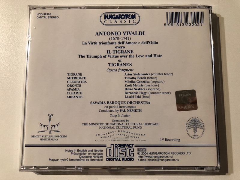 Vivaldi: Il Tigrane (opera fragment) - Stefanowicz, Gonzales, Bentch, Szakacs, Hegyi, Molnar, Jekl / Savaraia Baroque Orchestra on period instruments, Pal Nemeth / Hungaroton Classic Audio CD 2004 Stereo / HCD 32320 