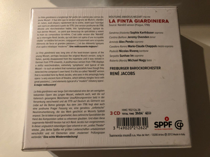 Mozart: La finta giardiniera - Karthäuser, Ovenden, Penda, Chappuis, Rivenq, Im, Nagy - Freiburger Barockorchester, René Jacobs / Harmonia Mundi 3x Audio CD, Box Set 2012 / HMC 902126.28