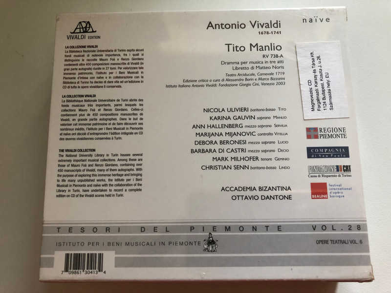 Vivaldi: Tito Manlio - Accademia Bizantina, Ottavio Dantone, Nicola Ulivieri, Karina Gauvin, Ann Hallenberg, Marijana Mijanovic, Debora Beronesi / Naïve 3x Audio CD, Box Set / OP 30413