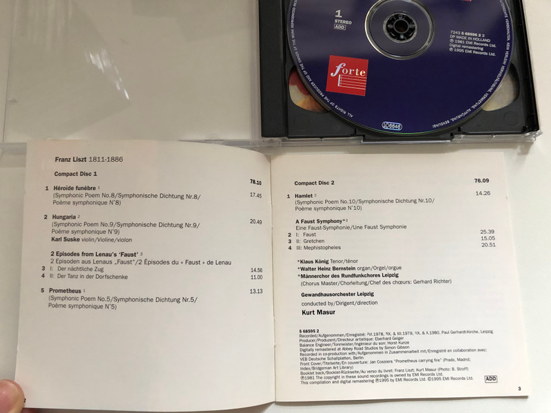 Liszt - Tone Poems (Héroïde Funèbre, Hungaria, 2 Episodes From Lenau's 'Faust', Prometheus, Hamlet); A Faust Symphony - Kurt Masur / Forte / EMI Classics 2x Audio CD, Stereo 1995 / 724356859524