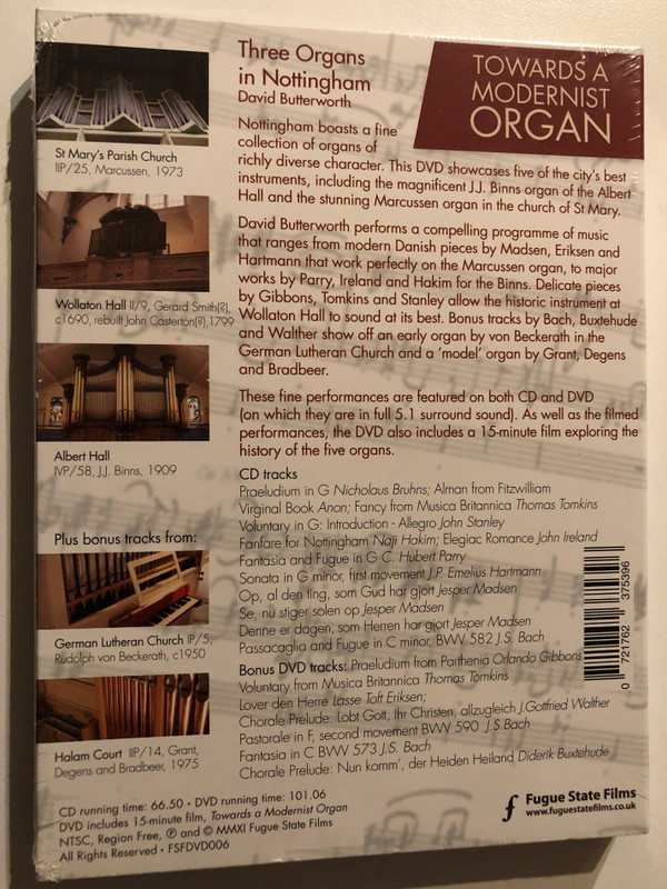 David Butterworth, Towards a Modernist Organ / Three Organs in Nottingham / St. Mary's Church / Wollaton Hall / Albert Hall / Bonus tracks recorded at the German Lutheran Church and Halam Court / 20012 DVD/CD (0721762375396)