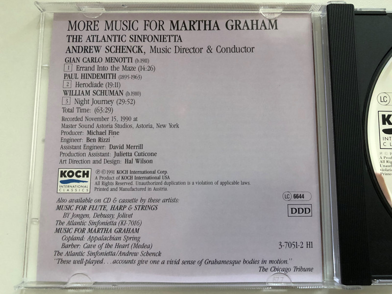 More Music For Martha Graham - Menotti, Hindemith, Schuman - The Atlantic Sinfonietta, Andrew Schenck / Koch International Classics Audio CD 1991 / 3-7051-2 H1