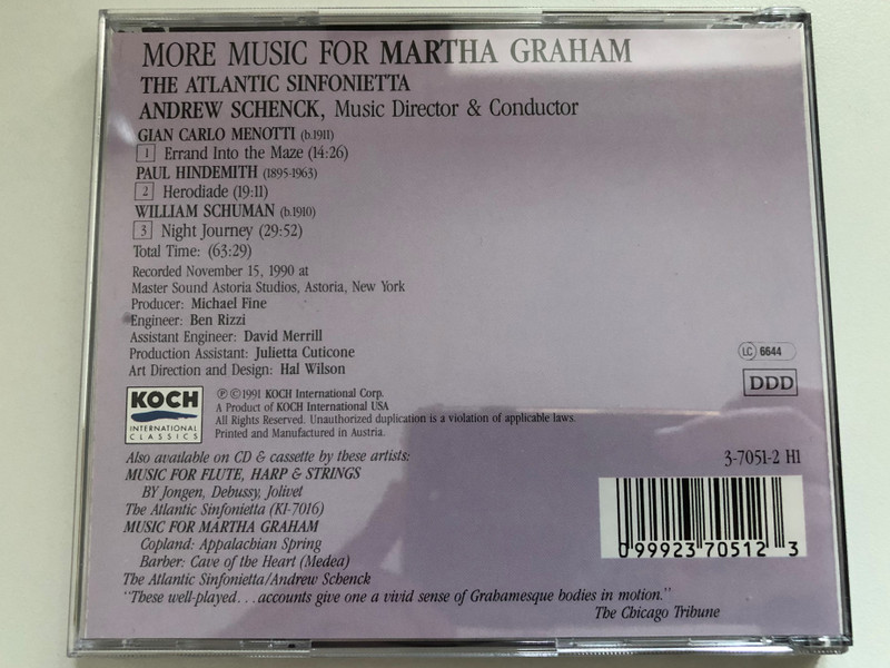 More Music For Martha Graham - Menotti, Hindemith, Schuman - The Atlantic Sinfonietta, Andrew Schenck / Koch International Classics Audio CD 1991 / 3-7051-2 H1