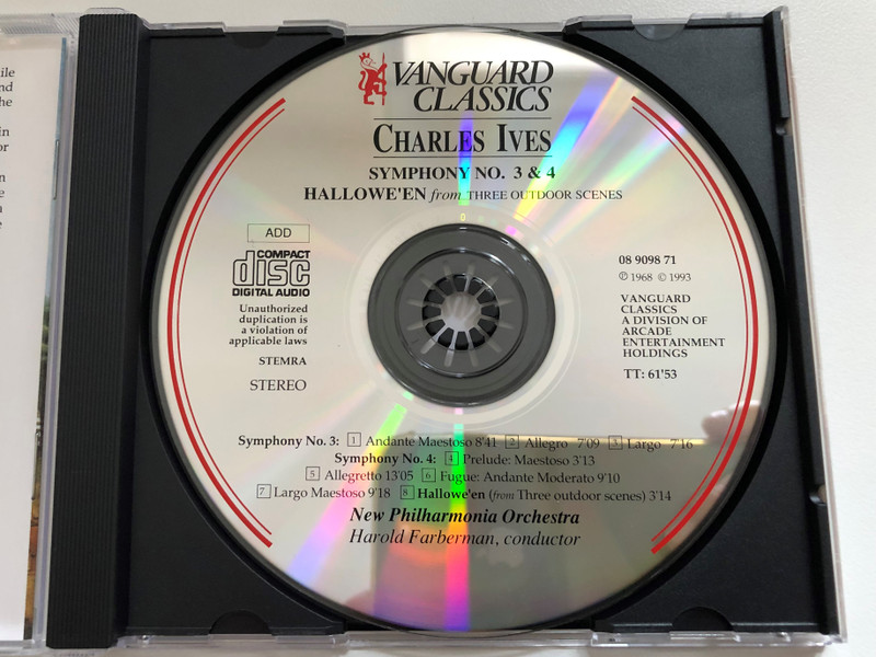 Charles Ives - Symphony No. 3, 4 & Hallowe'en from Three Outdoor Scenes - New Philharmonia Orchestra, Harold Farberman / Vanguard Classics Audio CD 1993 / 08 9098 71