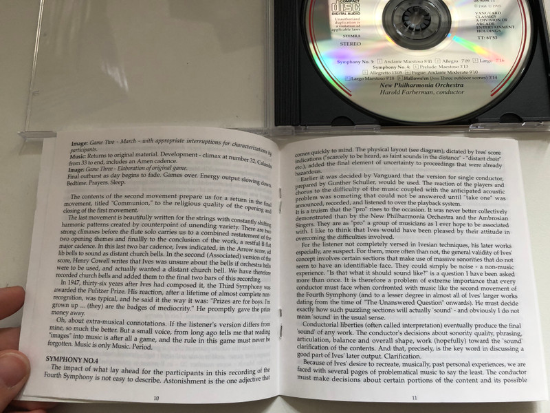 Charles Ives - Symphony No. 3, 4 & Hallowe'en from Three Outdoor Scenes - New Philharmonia Orchestra, Harold Farberman / Vanguard Classics Audio CD 1993 / 08 9098 71